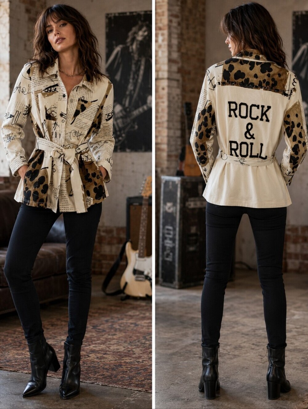 VTG Berek Rock & Roll Graphic Belted Jacket Sz L Edgy Eclectic Artsy Y2K Pocket